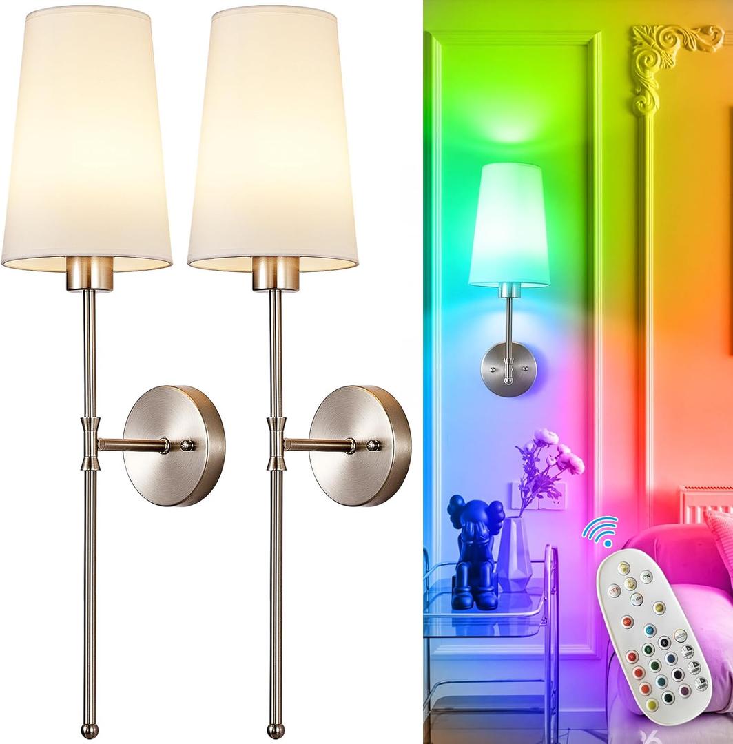 Depuley Battery Operated Wall Sconce: 27" Set of 2 Wireless Wall Lights with Remote for Bedroom - Rechargeable 15 Colors Wall Lamp for Living Room Hallway Decor - Brushed Nickel