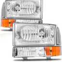 Headlights Assembly Fit for 1999 2000 2001 2002 2003 2004 Ford F250 F350 F450 F550 Super Duty/2000-2004 Ford Excursion with Corner Bumper Set Chrome Housing Amber Reflector Replacementh