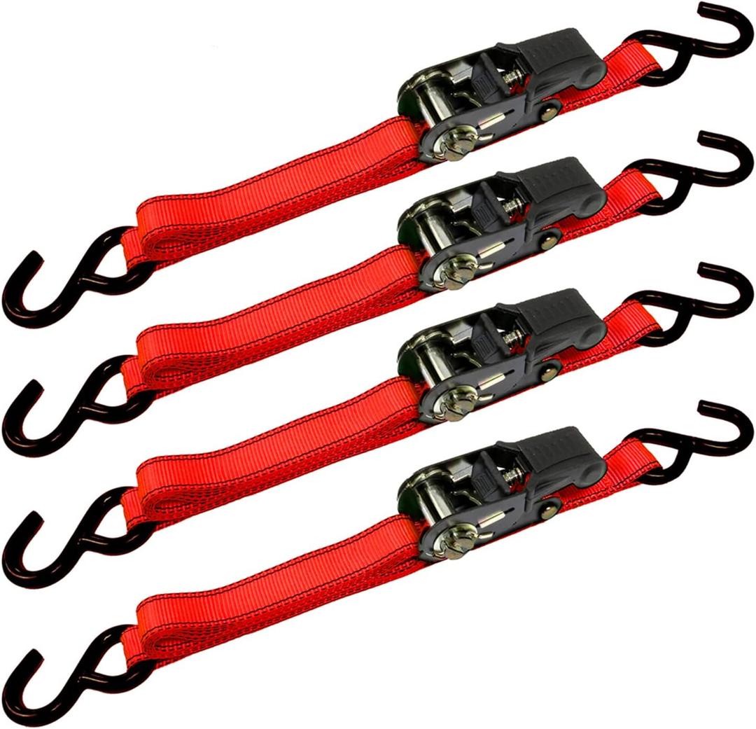 Cargoloc Premium Ratchet Tie Downs - 4 Pk - 15 Ft - 500 Lbs Load Cap - 1,500 Lbs Break Strength - Cargo Straps for Moving Appliances, Lawn Equipment, Motorcycles, etc. - RED