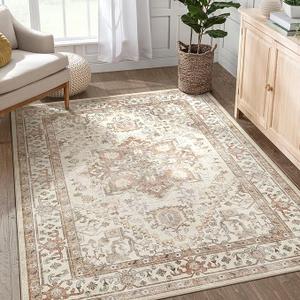 Washable Rug 6x9 Area Rugs: Boho Vintage Distressed Oriental Medallion Neutral Thin Large Rug Carpet for Living Room Bedroom Dining Room Home Office Decor  Beige