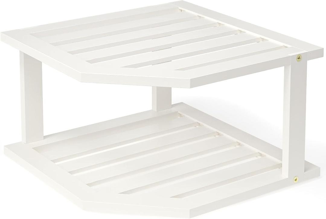 Bamboo Corner Shelf,2 Tier Plate Organizer for Cabinet and Countertop,Pantry Dish and Spice Rack for KitchenWhite (1 Pc)