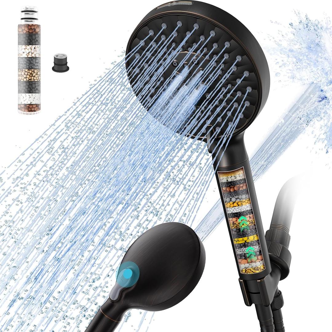Filtered Shower Head with Handheld, High Pressure 9 Spray Mode ORB Showerhead with Filters, detachable shower head,Water Softener Filters Beads for Hard Water - Remove Chlorine (Oil Rubbed Bronze)