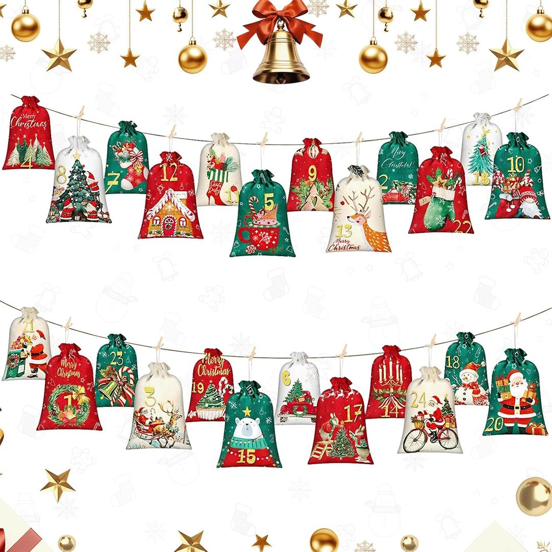 Christmas Advent Calendar Bags, 24 Days Christmas Countdown Calendar Bags, Gift Burlap Bags Reusable Advent Calendar Burlap Bags with Rope and Clips for Xmas Home Party Decorations