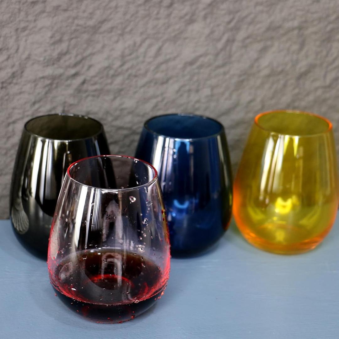 Stemless Wine Glasses Set 4 Colored Red White Wine Glasses 17oz Tumbler Crystal Glasses Pink Blue Gold