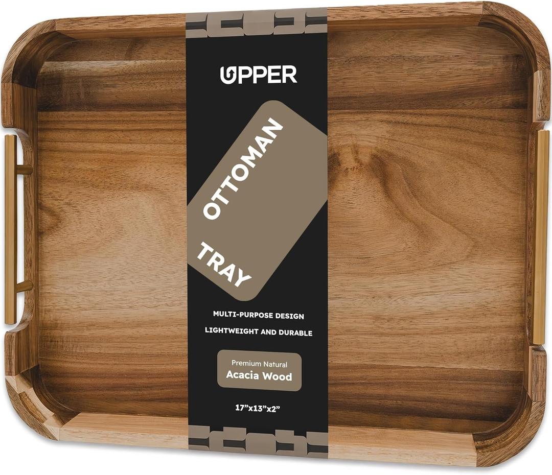 Upper Acacia Wood Ottoman Tray 17x13 Inches with Handles, Decorative Serving Tray for Coffee Table, Breakfast Tray with Anti-Skid Pads