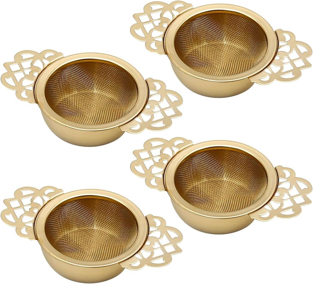 304 Stainless Steel Tea Drain Strainer Tea Filter Mesh Tea Drip Bowls Teapot Strainer With Petal Handles Tea Divider, Pack Of 4 (Gold)
