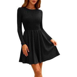 Zenlonr Women's Fall Dresses 2025 Casual Long Sleeve Ribbed Knit Crewneck Short Dress Flowy A-Line Party Dresses (Black, M)