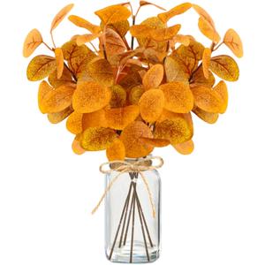 Fall Faux Eucalyptus Stems in Glass Vase 14.2" 6pcs Artificial Autumn Eucalyptus Branches with Vase Fall Home Table Decor Fake Fall Plants Stems for Farmhouse Kitchen Bathroom Decorations