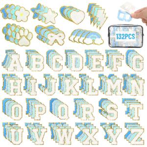 NICEVINYL Self Adhesive Chenille Patches：132PCS Blue Pre-Sort Varsity Letter Patch for DIY Bags Backpacks Hats - Heart Star Bowknot Cute Patch Stickers for Birthday Party Gifts Crafts