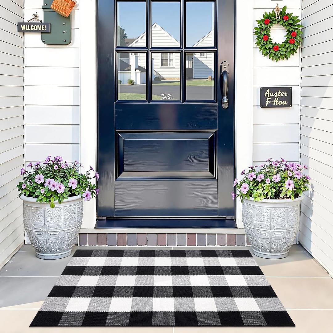 OLANLY Buffalo Plaid Rug 2' x 3' (24" x 36") Black and White Cotton Checkered Doormat, Washable Indoor Outdoor Rug for Layered Front Porch, Kitchen, Entryway Decor