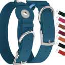 Leather Dog Collar with Airtag Holder - Apple Air Tag Dog Collars - Soft Tracking GPS Pet Collar for Small Medium Large Dogs Breed Puppy (Smoky Blue, M, 12"-15" Neck Fit)