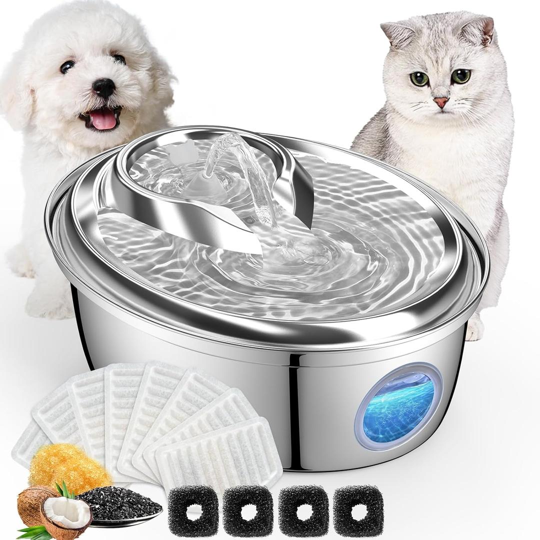 ORSDA Stainless Steel Cat Water Fountain, 100oz/3L Automatic Pet Drinking Fountain, Dog Water Dispenser Bowl with LED Window for Cats and Small & Medium Dogs- 12Pcs Filters D66