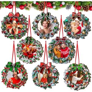 16 Pcs Christmas Photo Frame Ornaments Wooden Nutcrackers Santa Snowman Snowflake Picture Frame Tree Decoration DIY Photo Keepsakes for Xmas Party Decorations Winter Holiday Gift (Wreath)