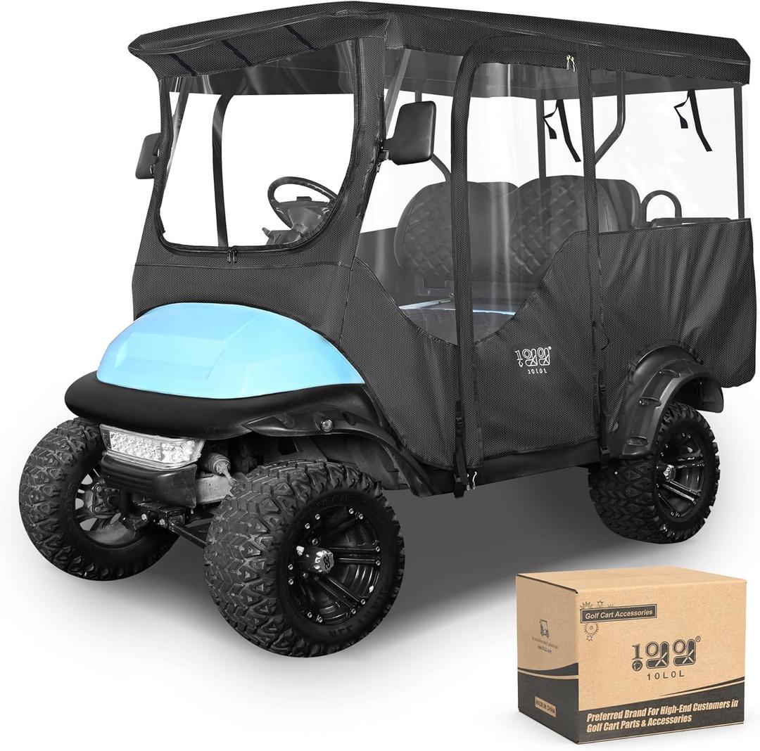 10L0L 4 Passenger Golf Cart Driving Enclosure for Club Car Precedent/Onward/Tempo with Extended Roof 94.5", 4-Sided Clear Window 600D Rain Cover All Weather Windproof Waterproof, Black