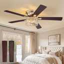 56 Inch Modern Farmhouse Fandelier Ceiling Fans with Lights, Gold Crystal Ceiling Fan with 6-Speeds, Quiet Reversible DC Motor, low profile ceiling fan with light for Bedroom, Living Room, Medium