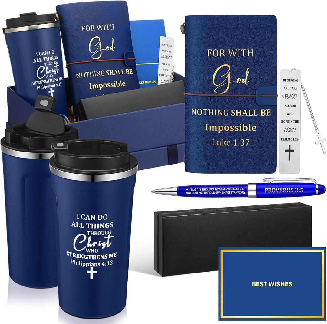 6 Pcs Christian Gift Set for Men 17 oz Stainless Tumbler Notebook Religious Metal Bookmark Pen with Box and 1 Refills Greeting Card for Father's Day Pastor Appreciation Gift(Blue)