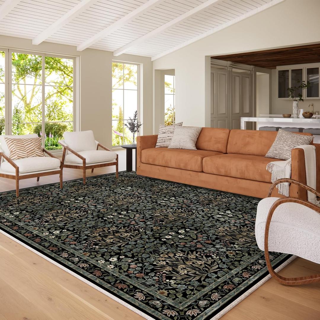 Traditional Design Vintage Floral Area Rug 8 x 10,Washable Area Rugs - Perfect for Living Room, Bedroom, Kids Room, Nursery - Stain & Water Resistant Non-Slip, Dining Room Decor (Char)