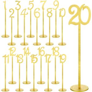 20 Pcs Table Numbers Wedding Table Numbers Wood for Reception Stands Seat with Holder Base for Wedding Party Event Catering, 1-20 (Gold)