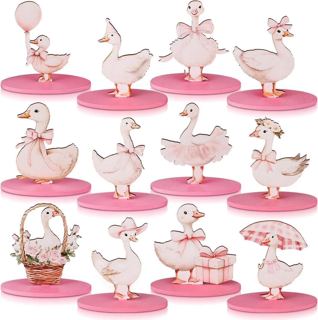 Amyhill 12 Pcs One Silly Goose Decor Goose Wooden Sign Pink Bow Centerpiece for Table with Base Cute Tiered Tray Decor for Birthday Baby Shower Home Office Party Supplies