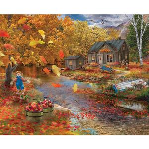 Bits and Pieces  500 Piece Jigsaw Puzzle for Adults  Autumn Cabin - Fall Forest Lake Tree Leaves Scarecrow Rustic Jigsaw Puzzle by Artist Bigelow Illustrations, Completed Puzzle Size: 18" x 24"