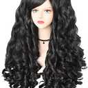 ANOGOL Hair Cap+ Black Cosplay Wig With Clip-on Ponytails Long Curly Wigs with Bangs for Halloween Costume Party Girls Women 2 Curly Pigtails Black Lolita Cosplay Wigs