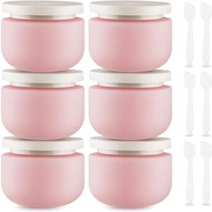 6 Pcs 250ml/8oz Matte Pink Plastic Cream Jars with 6 Spatulas Empty Refillable Facial Scrub Bottles Travel Size Cosmetic Containers for Powders Lotion Pills Jewelry Toiletries