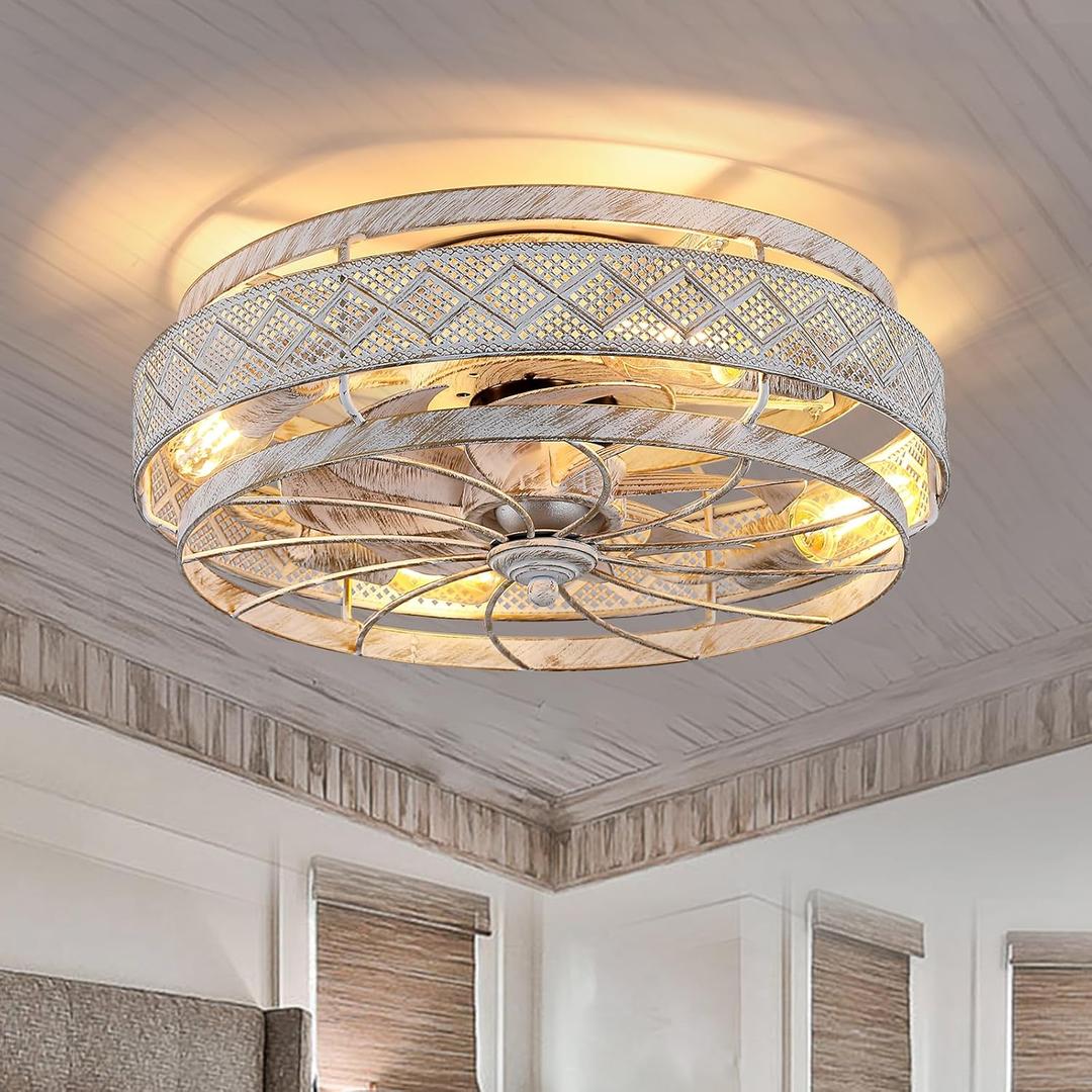 18 Inch Low Profile Caged Ceiling Fans with Lights Remote Control, White Flush Mount Ceiling Fan, Small Bladeless Ceiling Fan Light Fixture For Bedroom, Kitchen, Reversible(Bulbs not Included)