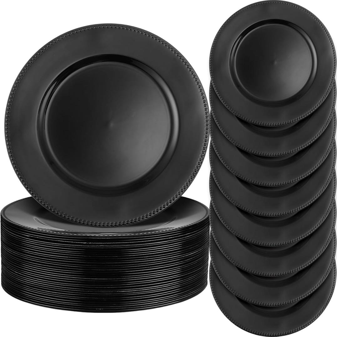 Jinei 36 Pack Black Charger Plates 13 Inch Plastic Beaded Round Charger Plates Wedding Table Decoration Reusable Dinner Plate Tray for Birthday Party Holiday Event