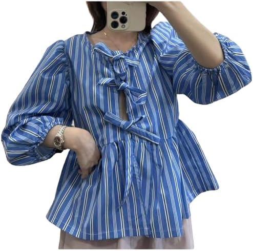 Tie Front Tops Womens Y2k Leopard Print Peplum Babydoll Top 3/4 Length Puff Sleeve Coquette Cute Going Out Tops, Large