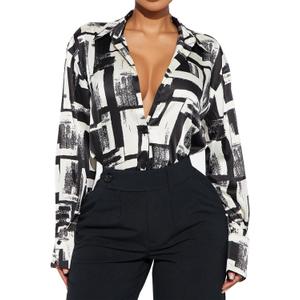 Women's Print Button Down Shirts Long Sleeve Business Casual Work Blouse Tops (Black, S)