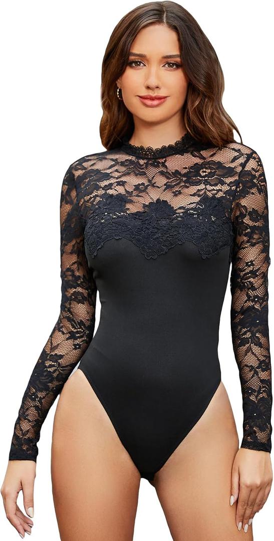 WDIRARA Women's Floral Lace Mock Neck Long Sleeve Mesh Sheer Skinny Bodysuit (Large, Black)