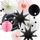 Pink Black White Party Decorations for Girls Women Minnie Mouse First Birthday Decoration Wedding Bridal Baby Shower Hanging Tissue Paper Fans Circle Garland Paper Lanterns