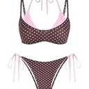ZAFUL Women's Polka Dot Bikini Set Double Layer Halter Swimsuit Colorblock Side Tie 2 Piece Bathing Suit 0-Brown Polka dots, XL