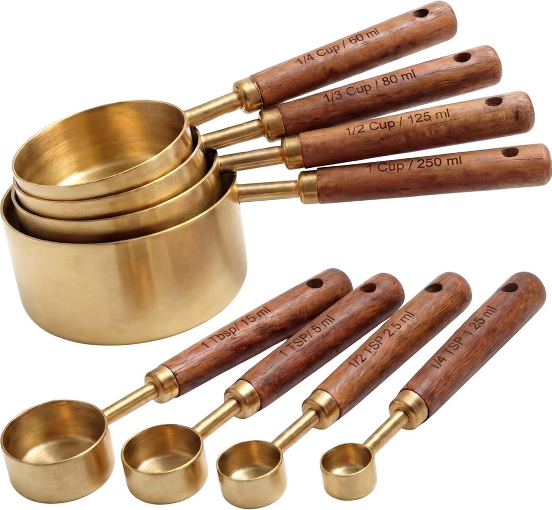 Gold Measuring Cups and Spoons Set 8 Piece, Stainless Steel with Natural Wooden Handles, 4 Cups and 4 Spoons, Engraved mL and Cup/tsp Measurements, Nesting Design for Cooking and Baking