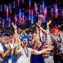 JMEXSUSS Red White and Blue Solar Lights, 8 Tube 144 LEDs Patriotic Solar Meteor Shower Lights Waterproof for Independence Day, Gardens, Tree, Outdoor 4th of July Decorations