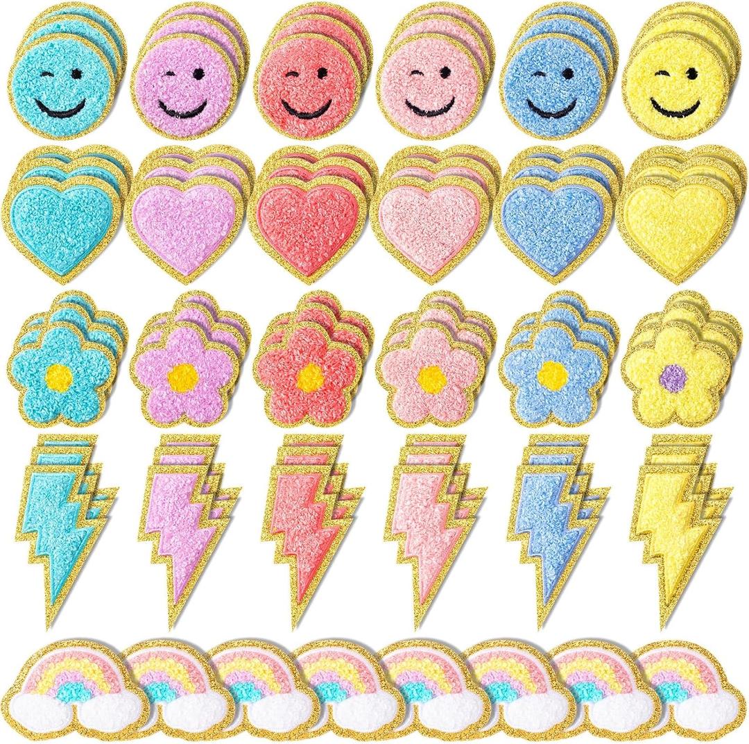 Hanaive 80 Pcs Chenille Letter Patches Self Adhesive Iron on Patch 3D Cute Embroidered Rainbow Smile Face Heart Applique Sewing Badges Patch for Fabric Clothing Jacket DIY(Pastel,Cute)