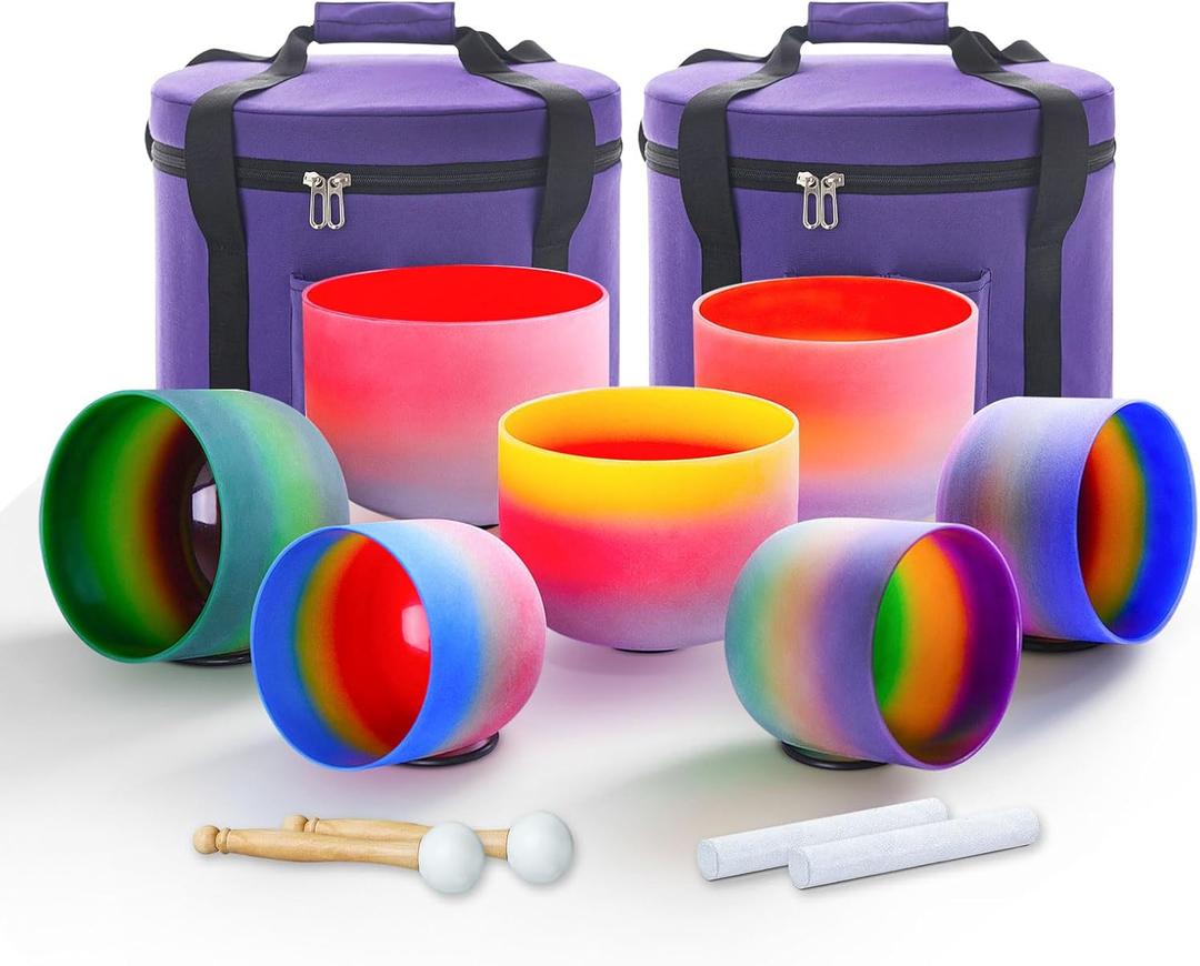 432hz Crystal Singing Bowls,7-12 Inch Rainbow Colored Quartz Sound Bowl Set of 7pcs with Carrying Case for Yoga Sound Healing Instrument Meditation