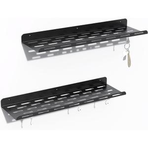 Kerisgo Floating Shelves for Wall Wall Mounted Floating Book Shelf Set of 2, 16.93'' Metal Wall Shelves with 4 Magnetic Hooks, Floating Shelf for Bedroom Decor, Kitchen, Bathroom, Living Room(Black)