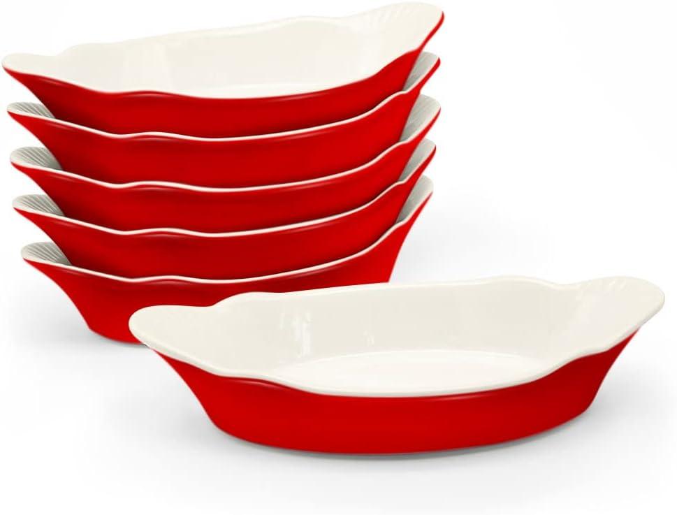 Au Gratin Baking Dishes, by Kook, Mini Casserole Dish, Set of 6, for Banana Split, Oven and Microwave Safe, Dishwasher Safe, Ceramic Serving Dishes, Lasagna & Cobblers, Individual Serving, 12 oz (Cherry Red)