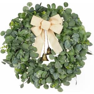 28 Inch Eucalyptus Wreath with Bells & Bow for Front Door, Faux Greenery Wreath for Spring Summer All Seasons Year Round, Green Eucalyptus Decor for Home Farmhouse Indoor Outdoor Porch Wall