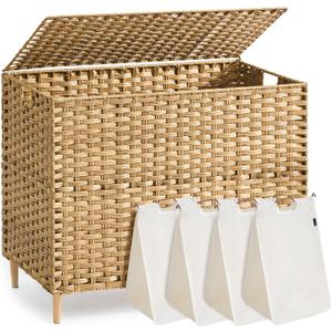 SONGMICS 4-Section Laundry Hamper with Lid, 55.4 Gal (210L) PE Rattan Laundry Basket with Removable Washable Liners, for Bedroom & Living Room, Goose Yellow ULCB224YE01