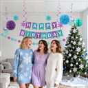 17 Pcs Winter Wonderland Decorations Kit, Blue Purple Teal Hanging Snowflake Ornaments, Happy Birthday Banner, Paper Fans, Pompoms Set for Girls 1st 2nd 3rd 4th 5th Frozen Themed Birthday Supplies