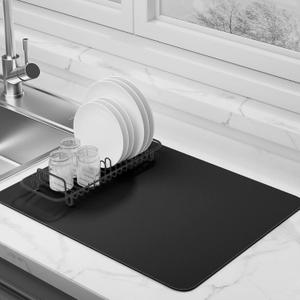 Dish Drying Mat for Kitchen Counter Super Absorbent Drainer Mats with Non-slip Rubber Backed Hide Stain Heat Resistant Easy to Clean Dish Rack Mat (Black, M-18"x16")