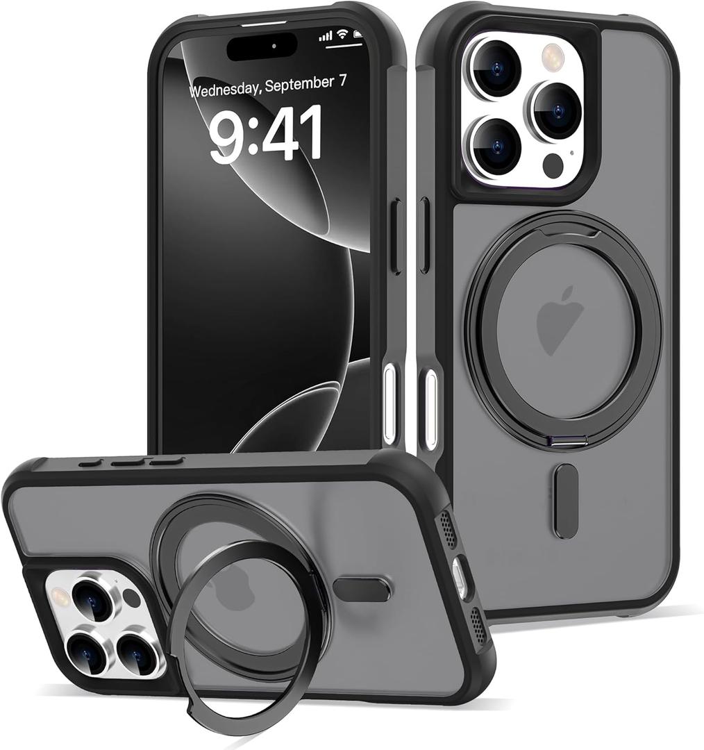 for iPhone 16 Pro Case with 360 Rotatable Magnetic Ring Stand [Compatible Mag-Safe] [Military Grade Protection] Translucent Matte Phone Cases for Women Men 6.3'', Black