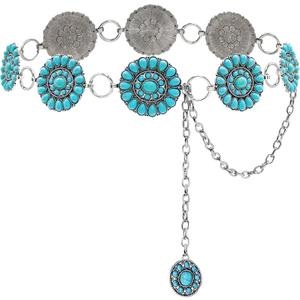 Boho Turquoise Concho Belt Silver Metal Western Turquoise Belts Waist Chain Belt for Women Dress (41inch(26''+extended chain 15''), Blue)