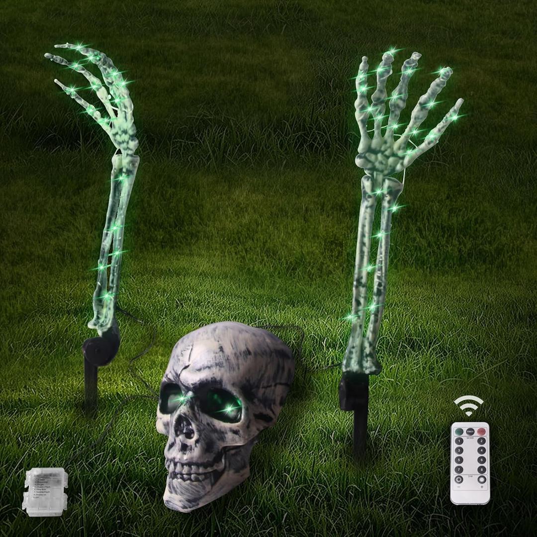 Skeleton Stakes Lighted Set for Halloween Decorations  Skull and Hands with LED Lights Remote Control and Timer  Outdoor Spooky Lawn Garden and Graveyard Decor