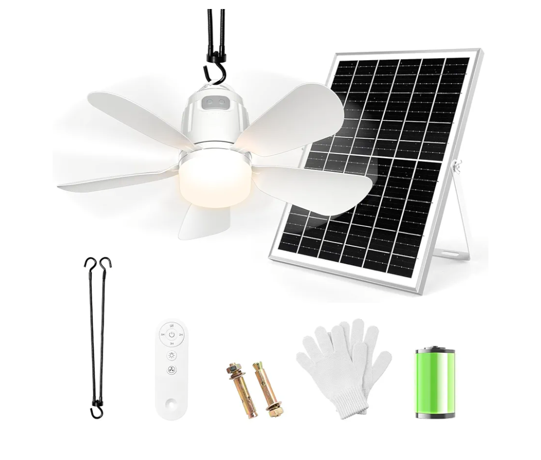 Solar Ceiling Fan Light, 20000mAh Portable Gazebo fan with 30W Solar Powered Fan with Remote Control, Outdoor Ceiling Fan with Light for Patios, Canopy, Shed, RV, Porch and Chicken Coop