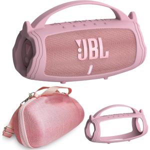 Silicone Cover and Hard Travel Case for JBL Charge 4 / Charge 5 Portable Bluetooth Speaker Accessories (Pink Case, NOT for Wi-Fi Version)