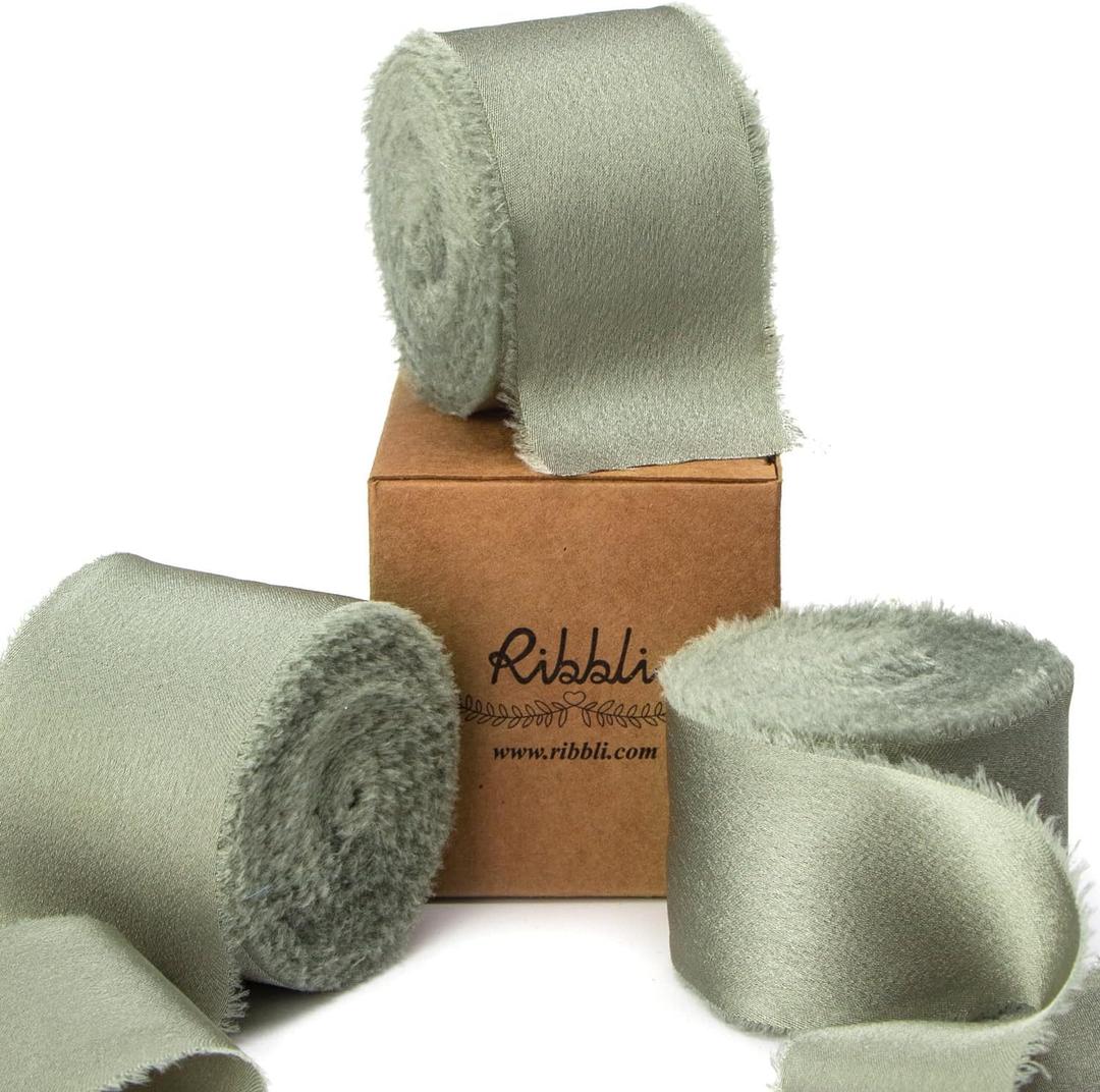 Ribbli Dusty Sage Green Silk Satin Ribbon 1.5 Inch x 30 Yard Handmade Frayed Chiffon Dusty Sage Ribbon for Gift Wrapping Wedding Invitations Bridal Bouquets Home Decor 
