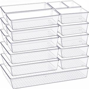 Criusia Drawer Organizer, 18 Pack Large Clear Plastic Kitchen Drawer Organizers Set, 6 Size Versatile Bathroom and Vanity Drawer Organizer Trays, Storage Bins for Makeup, Bedroom, Kitchen Utensils